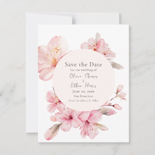 Alluring Pink Cherry Blossom Flowers Save The Date (Voorkant)