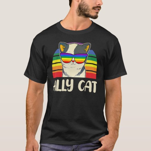 Ally Cat Glasses Sunset Rainbow LGBT Gay Lesbian T T-shirt (Voorkant)