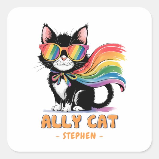 Ally Cat – Rainbow Cat LGBTQ Pride Vierkante Sticker (Voorkant)