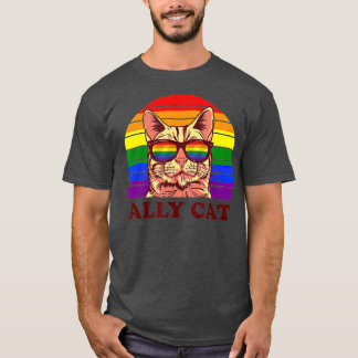 Ally Cat Rainbow Sunbribril LGBTQ Funny Gay Pride T-shirt
