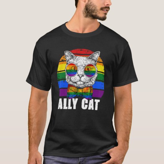 Ally Cat Rainbow Sunglazen Lgbt Gay Pride Kat T-shirt (Voorkant)