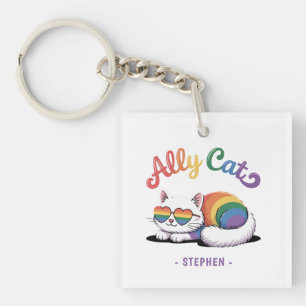 Ally Cat – Schattigee Witte Kat LGBTQ Pride (2) Sleutelhanger