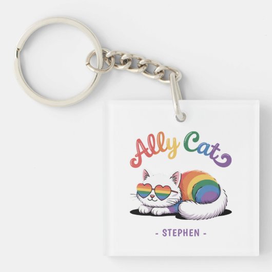 Ally Cat – Schattigee Witte Kat LGBTQ Pride (2) Sleutelhanger (Voorkant)