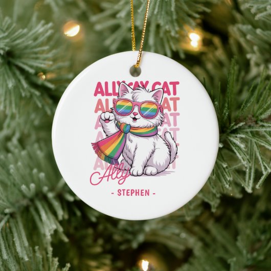 Ally Cat – Schattigee witte kat LGBTQ Pride Keramisch Ornament (Boom)