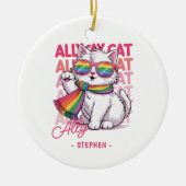 Ally Cat – Schattigee witte kat LGBTQ Pride Keramisch Ornament (Voorkant)