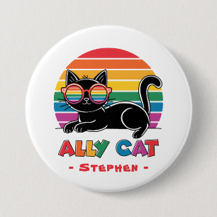 Ally Cat – Zwarte kat met regenboog zonnebril LGBT Ronde Button 7,6 Cm