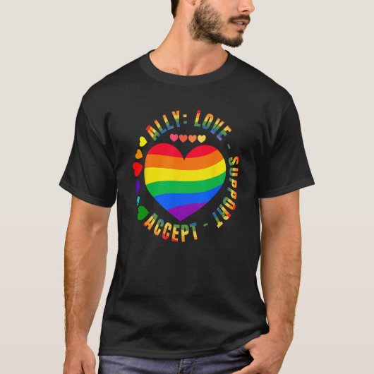 Ally Love Support Accept LGBTQ+ Rainbow Heart Gay  T-shirt (Voorkant)
