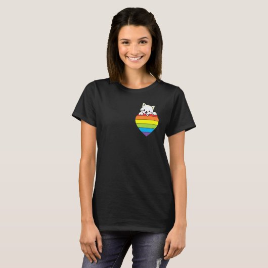 Ally Rainbow Heart Cat LGBTQ Community Pride Gende T-shirt (Voorkant volledig)