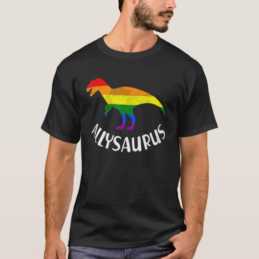 Allysaurus LGBTQ Pride Rainbow Flag Dinosaur voor  T-shirt (Voorkant)