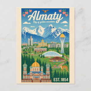 Almaty Kazachstan Retro Reisposter Kunst Feestdagenkaart