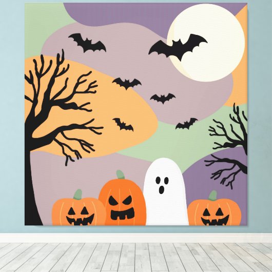 Almofada noite de halloween abóboras e fantasmas canvas afdruk (Insitu (Houten vloer))