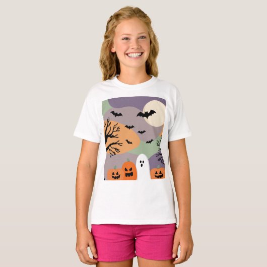Almofada noite de halloween abóboras e fantasmas t-shirt (Voorkant volledig)