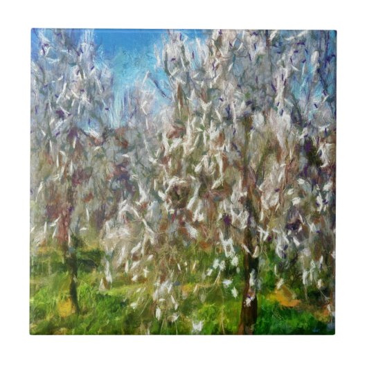 Almond Blossom Pointillism Dot Art schilderen Tegeltje (Voorkant)