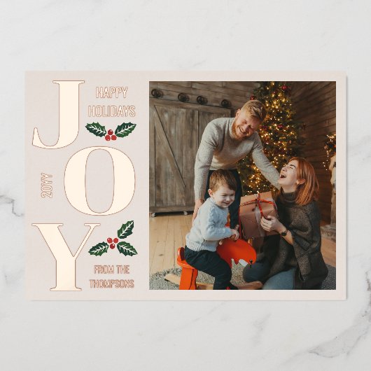 Almond Holly Elegant Joy Rose Gold Photo Folie Feestdagenkaart (Voorkant)