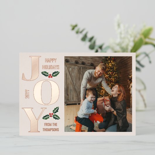 Almond Holly Elegant Joy Rose Gold Photo Folie Feestdagenkaart (Staand Voorkant)