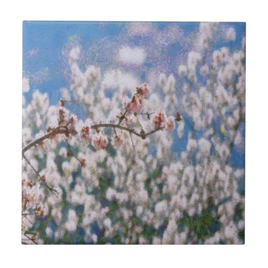 Almond Tree Pointillism Artwork bloemen Tegeltje (Voorkant)