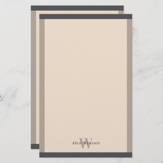 Almond Warm Grey Borders Monogrammed Briefpapier (Voorkant / Achterkant)