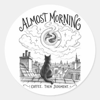 Almost Morning Black Cat Coffee Rooftop Art Ronde Sticker