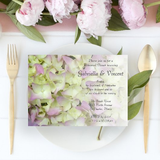Almost Pink Hydrangea Floral Rehearal Dinner Kaart