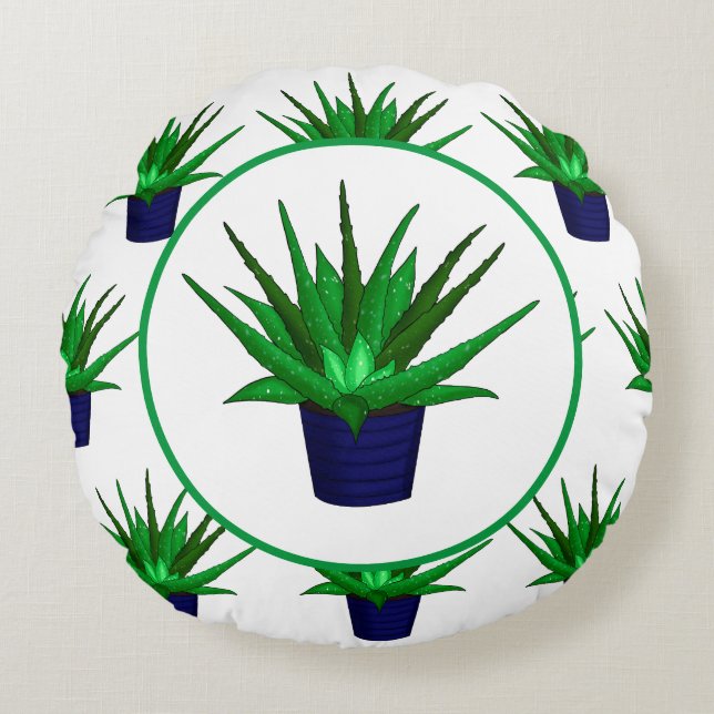 Aloe Vera Hand-getrokken Plant Rond Kussen (Voorkant)