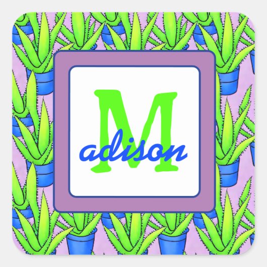 Aloë Vera Planten Patroon Monogram Vierkante Sticker (Voorkant)