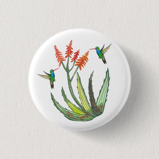 Aloe Vera Succulent Flower Hummingbird Waterverf Ronde Button 3,2 Cm (Voorkant)