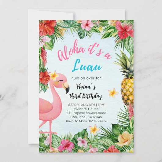Aloha 3e Verjaardagsmeisje – Flamingo & Bloemen Pa Kaart (Voorkant)