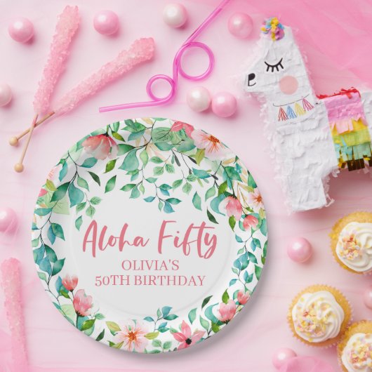 Aloha 50 Tropische Luau 50ste verjaardag Papieren Bordje (Feest)