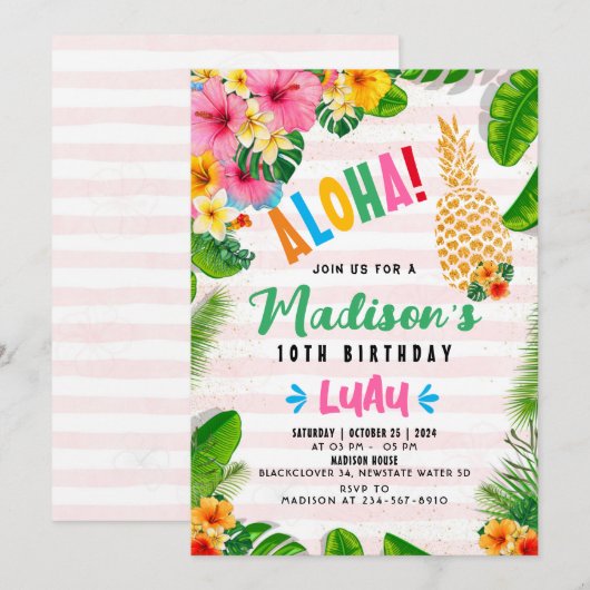 Aloha Ananas 10e verjaardagsfeest Uitnodiging (Voorkant / Achterkant)