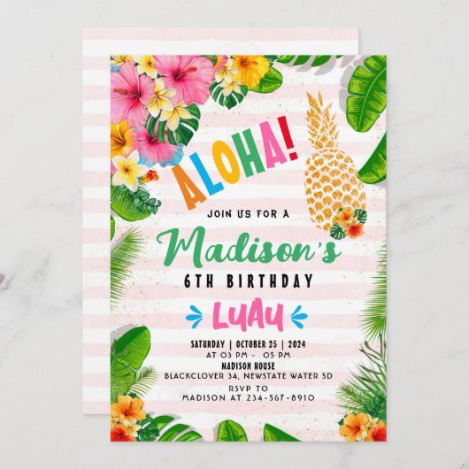 Aloha ananas 6e verjaardag feestuitnodiging kaart (Voorkant / Achterkant)