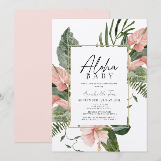 Aloha Baby Pink Tropical Floral Baby shower Kaart (Voorkant / Achterkant)