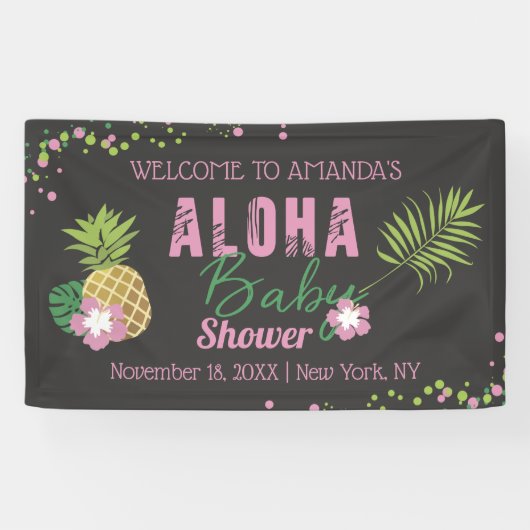 Aloha Baby Roze Groen Tropisch Baby shower Welkom Spandoek (Horizontaal)
