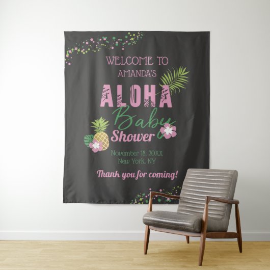 Aloha Baby Roze & Groene Meisje Baby Shower Welkom Wandkleed (In situ)