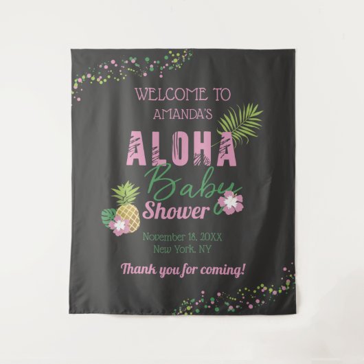 Aloha Baby Roze & Groene Meisje Baby Shower Welkom Wandkleed (Voorkant)
