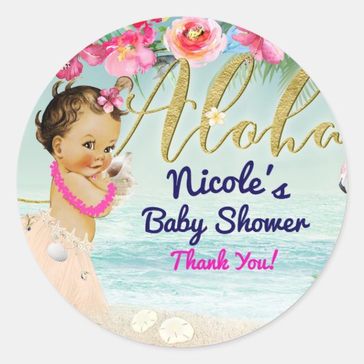 Aloha Baby shower Hawaïaanse Retro Beach Party Fav Ronde Sticker (Voorkant)