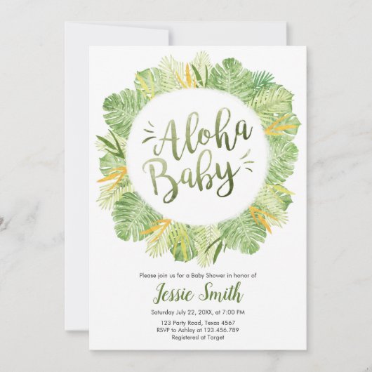 Aloha Baby shower Invitation Leaves Tropical Green Kaart (Voorkant)