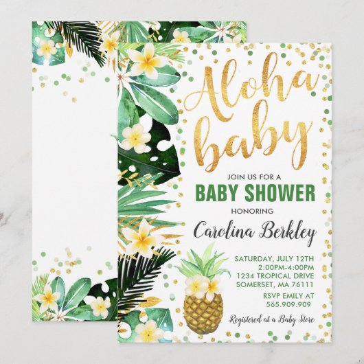 Aloha Baby shower Invitation Tropical Baby shower Kaart (Voorkant / Achterkant)