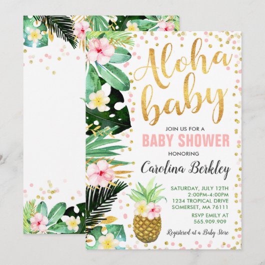 Aloha Baby shower Invitation Tropical Baby shower Kaart (Voorkant / Achterkant)
