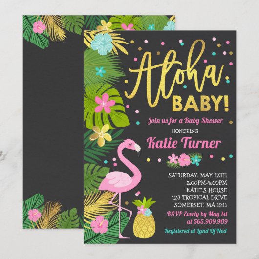 Aloha Baby shower Invitation Tropical Baby shower Kaart (Voorkant / Achterkant)