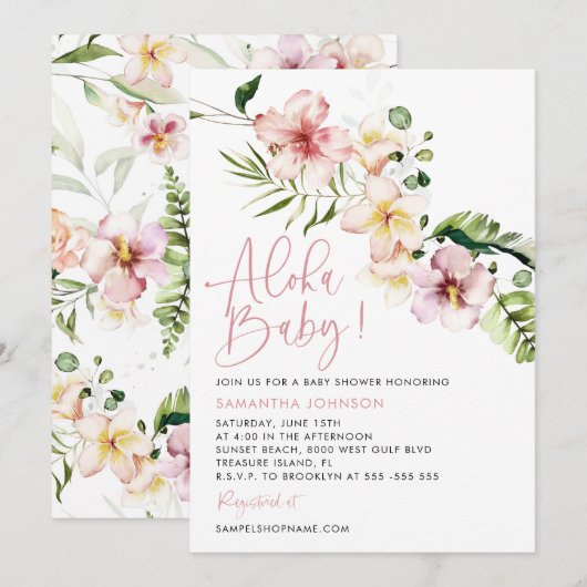 Aloha Baby shower Invitation, tropisch Baby shower Kaart (Voorkant / Achterkant)