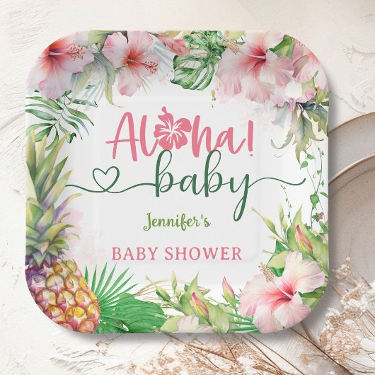 Aloha Baby shower Tropical Luau Girl Pink Papieren Bordje
