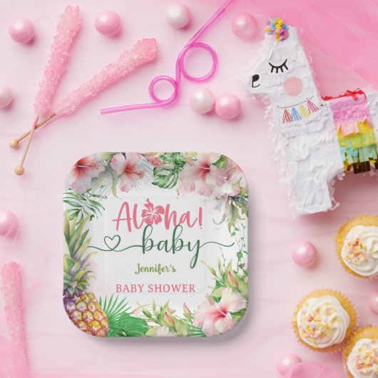 Aloha Baby shower Tropical Luau Girl Pink Papieren Bordje (Feest)