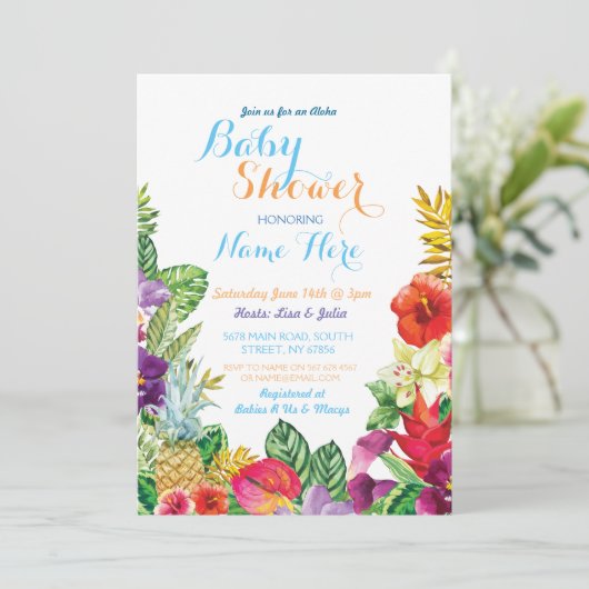 Aloha Baby shower Tropische Luau Boy Blue Invite Kaart (Staand voorkant)