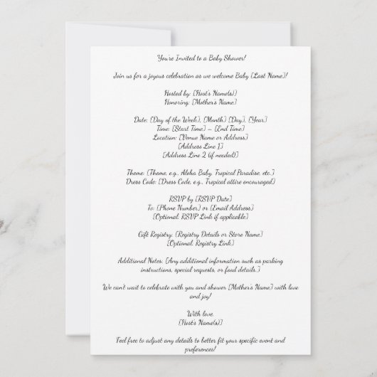 Aloha-Baby shower-uitnodiging Kaart (Achterkant)