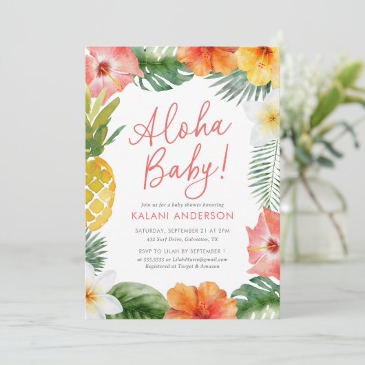 Aloha Baby Tropisch Bloemen Baby shower Kaart (Staand voorkant)