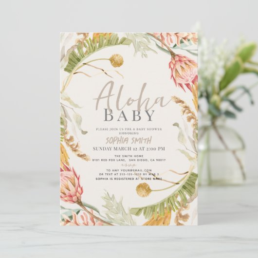 Aloha Baby Tropisch Bloemen Botanisch Baby shower Kaart (Staand voorkant)