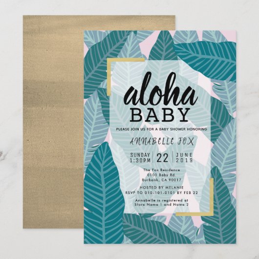 "Aloha Baby" Tropische bladeren Roze Baby shower Kaart (Voorkant / Achterkant)