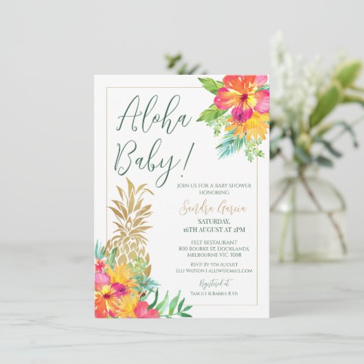 Aloha Baby Tropische Bloemen Ananas Douche Kaart (Staand voorkant)
