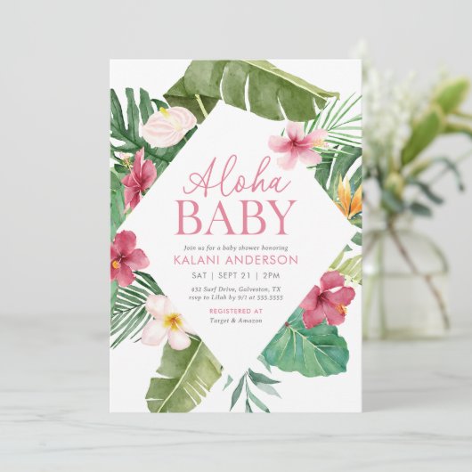Aloha Baby Tropische Bloemen Meisje Baby shower Kaart (Staand voorkant)