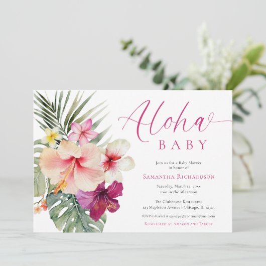 Aloha baby tropische bloemen meisje baby shower kaart (Staand voorkant)